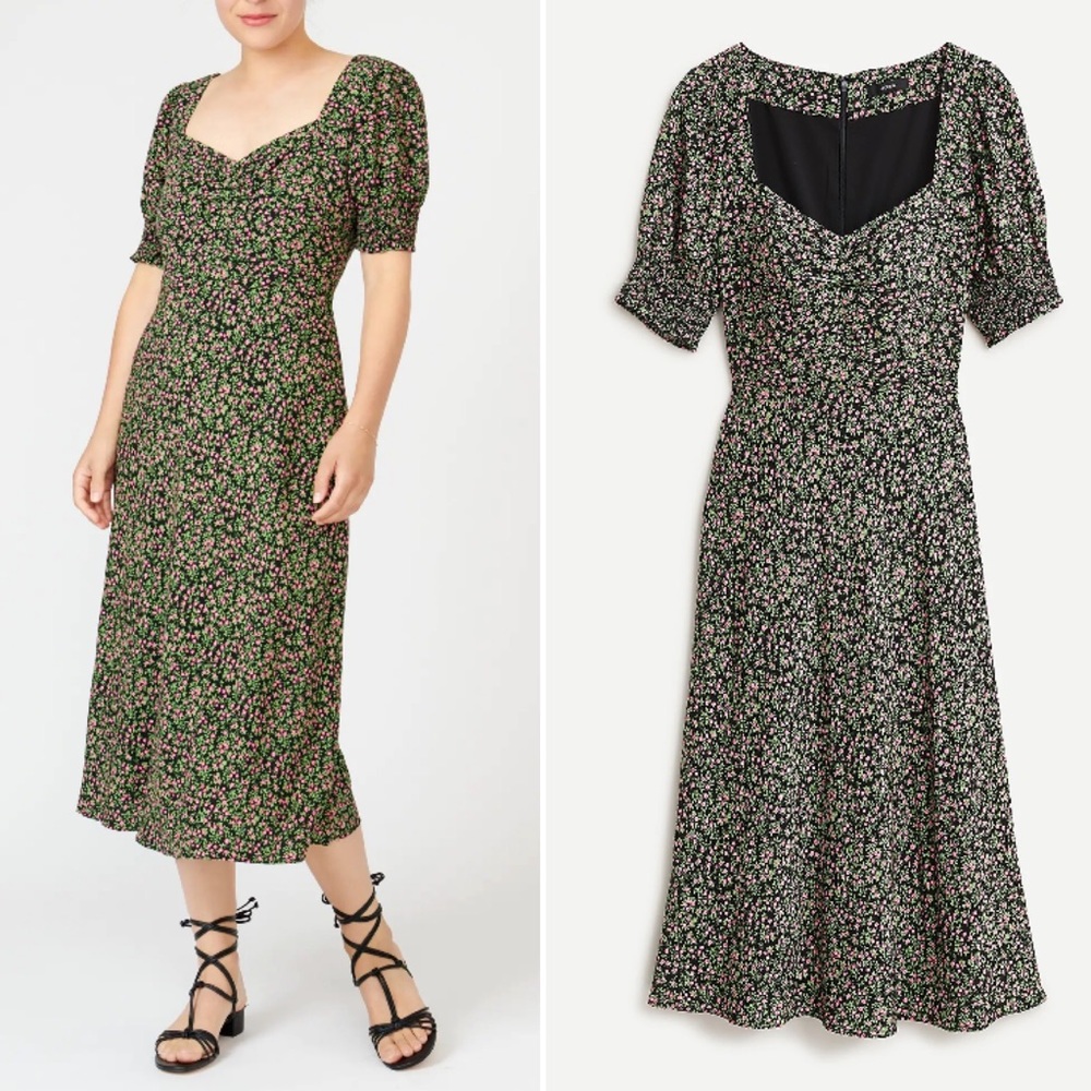 J Crew Smocked Sleeve Floral Print Midi Dress Sz 8 Cottagecore Romantic